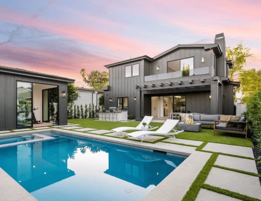 A landscaped garden with a pool